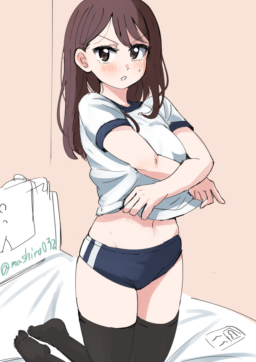 1girl black_thighhighs blue_buruma blush breasts brown_hair buruma commentary_request ereka highres id_card indoors kneeling large_breasts long_hair looking_at_viewer no_shoes on_bed original parted_lips solo thighhighs twitter_username undressing v-shaped_eyebrows