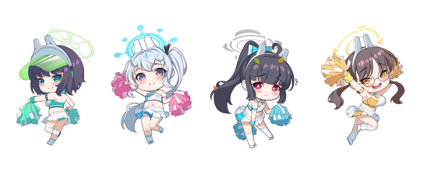4girls absurdres alternate_costume alternate_hairstyle animal_ears arm_strap arm_up armpits arms_up bare_shoulders black_hair blue_archive blue_bow blue_bowtie blue_collar blue_halo blue_panties blush bow bowtie breasts brown_hair cheerleader chibi chibi_only cleavage closed_mouth clothes_lift collar commentary_request crop_top dimples_of_venus drooling eien_no_24-sai_no_shakai_hito fake_animal_ears flying_sweatdrops full_body glasses green_collar green_eyes green_halo green_hat green_panties grey_halo hair_bow halo hand_up hands_up hat highres holding holding_pom_poms kneehighs knees_together_feet_apart large_breasts leaf leaf_in_hair leaf_on_head long_hair looking_at_viewer medium_breasts medium_hair midriff miyako_(blue_archive) miyu_(blue_archive) moe_(blue_archive) multiple_girls navel open_mouth orange_eyes orange_halo panties panty_peek pleated_skirt pom_pom_(cheerleading) pom_poms ponytail purple_eyes rabbit_ears rabbit_platoon_(blue_archive) round_eyewear saki_(blue_archive) side_ponytail simple_background skirt skirt_lift small_breasts smile socks standing standing_on_one_leg tearing_up teeth thighhighs twintails underwear visor_cap white_background white_hair white_skirt white_sneakers white_socks white_thighhighs wrist_cuffs