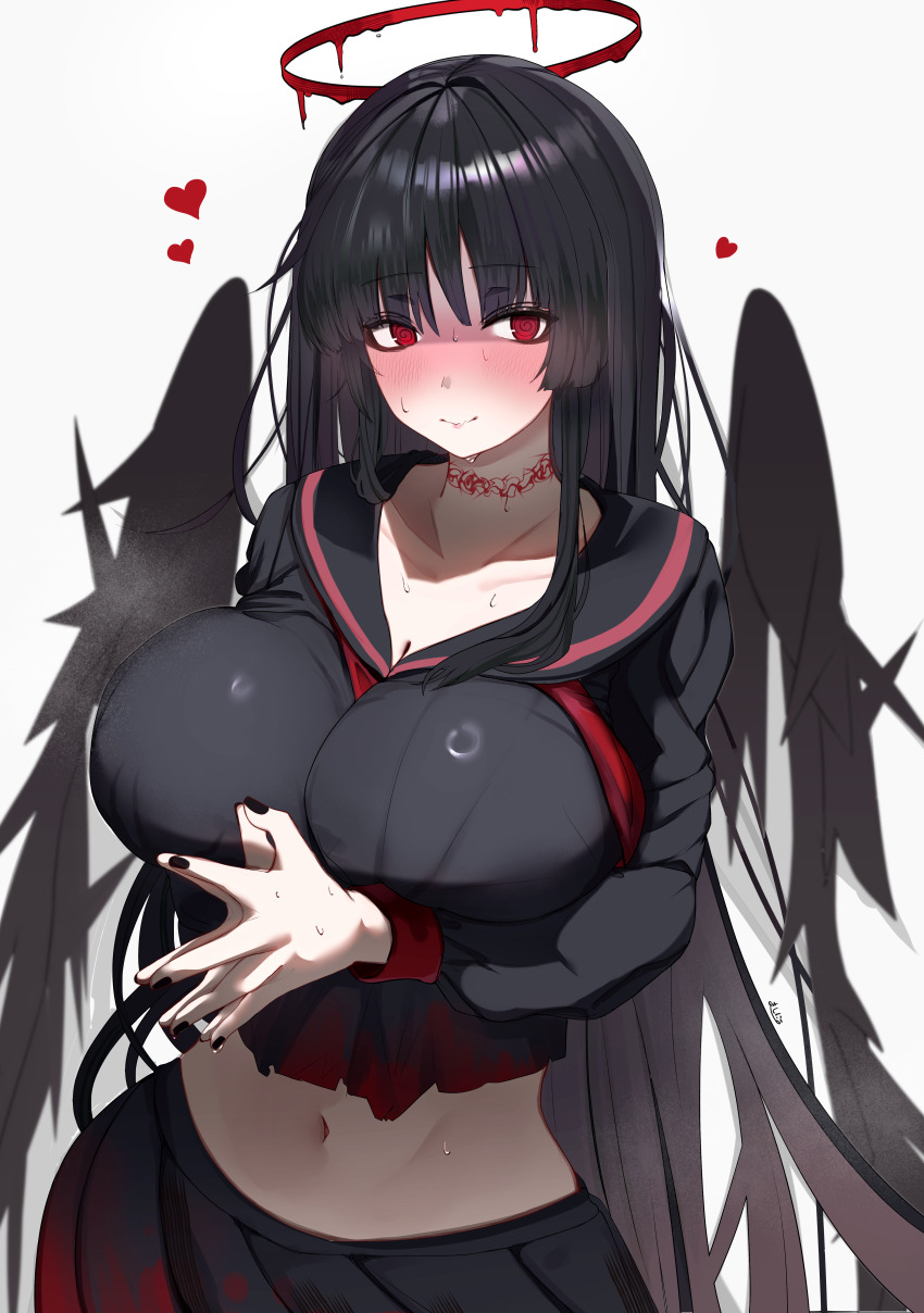 1girl absurdres black_hair black_nails black_serafuku black_skirt black_wings blood blood_halo blood_on_clothes blue_archive blush breasts halo heart highres huge_breasts liquid_halo long_hair looking_at_viewer masini-mashini615 navel nose_blush pale_skin red_eyes school_uniform serafuku skirt solo sweat tsurugi_(blue_archive) wings
