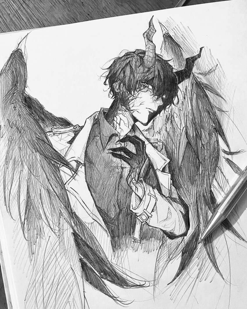 1boy black_hair black_shirt black_wings coat collared_shirt colored_extremities colored_veins commentary cowboy_shot cracked_skin demon_horns english_commentary feathered_wings graphite_(medium) greyscale half-closed_eyes hand_on_own_chest head_tilt highres horns kim_dokja looking_at_viewer male_focus monochrome naasmcuti2217 official_alternate_costume omniscient_reader&#039;s_viewpoint open_clothes open_coat partially_shaded_face popped_collar shirt short_hair solo traditional_media white_coat wings