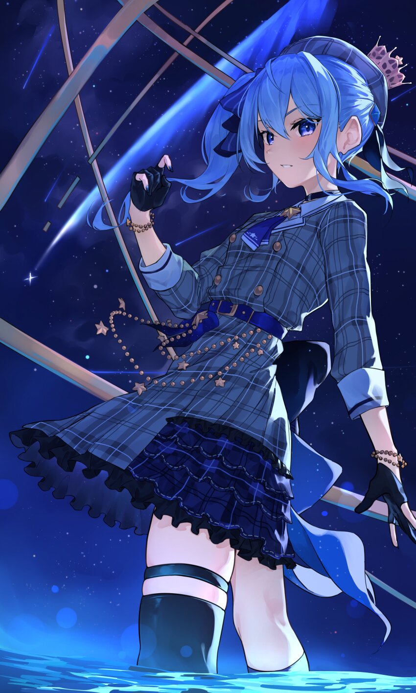 1girl absurdres agoberos ascot asymmetrical_legwear bead_bracelet beads beret black_gloves black_thighhighs blue_ascot blue_choker blue_eyes blue_hair blue_nails blue_ribbon blue_socks bracelet buttons choker collared_shirt comet commentary_request crown double-breasted double-parted_bangs frilled_skirt frills from_side gloves grey_hat grey_jacket grey_skirt hair_between_eyes hair_ribbon hat highres hololive hoshimachi_suisei hoshimachi_suisei_(1st_costume) jacket jewelry kneehighs long_hair looking_at_viewer mini_crown nail_polish night outdoors parted_lips partially_fingerless_gloves plaid_clothes plaid_hat plaid_jacket plaid_skirt pleated_skirt ribbon shirt shooting_star side_ponytail sidelocks single_kneehigh single_sock single_thighhigh skirt skirt_set sleeve_cuffs three-quarter_sleeves socks solo star_(symbol) star_bracelet star_in_eye symbol_in_eye thigh_strap thighhighs tilted_headwear uneven_legwear virtual_youtuber wading white_shirt