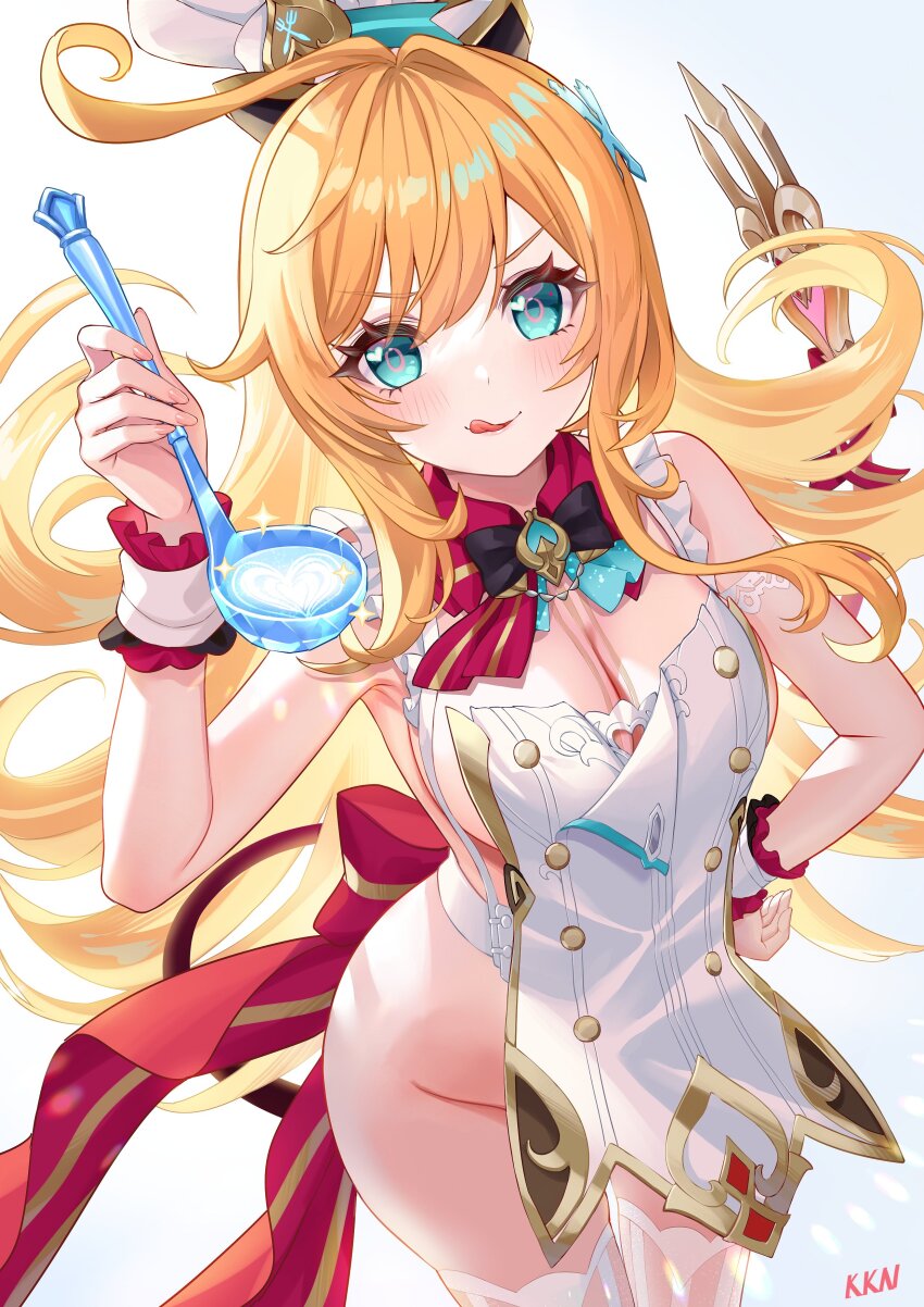 1girl :q absurdres apron aqua_eyes blonde_hair blue_eyes blush breasts chef chef_hat cleavage closed_mouth commentary_request escoffier_(genshin_impact) fingernails fork_hair_ornament frilled_wrist_cuffs frills genshin_impact hair_between_eyes hand_on_own_hip hand_up hat heart heart_in_eye highres holding holding_ladle ladle lalazyt long_hair looking_at_viewer naked_apron no_panties simple_background smile solo standing symbol_in_eye tail thighhighs tongue tongue_out very_long_hair white_apron white_background white_hat white_thighhighs wrist_cuffs