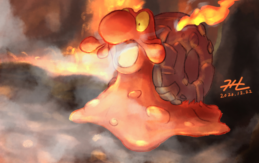 commentary_request dated gen_2_pokemon magcargo nintendo no_humans null_suke one-hour_drawing_challenge open_mouth pokemon pokemon_(creature) signature steam yellow_eyes