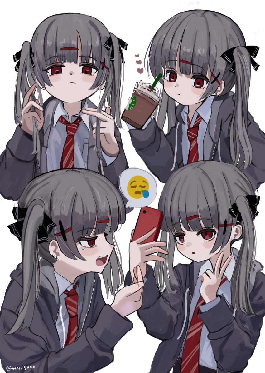 1girl :| absurdres black_bow black_jacket blunt_bangs bow breast_pocket cellphone closed_mouth collared_shirt cropped_torso d: drink earrings expressionless frappuccino from_side grey_hair hair_bow hair_ornament hand_up heart highres holding holding_drink holding_phone jacket jewelry long_hair long_sleeves looking_at_viewer multiple_views necktie open_clothes open_jacket open_mouth original parted_lips phone pocket profile red_eyes red_necktie selfie shirt simple_background sleeve_cuffs smartphone spoken_emoji striped_necktie stud_earrings taking_picture twintails v wanigumo white_background white_shirt x_hair_ornament