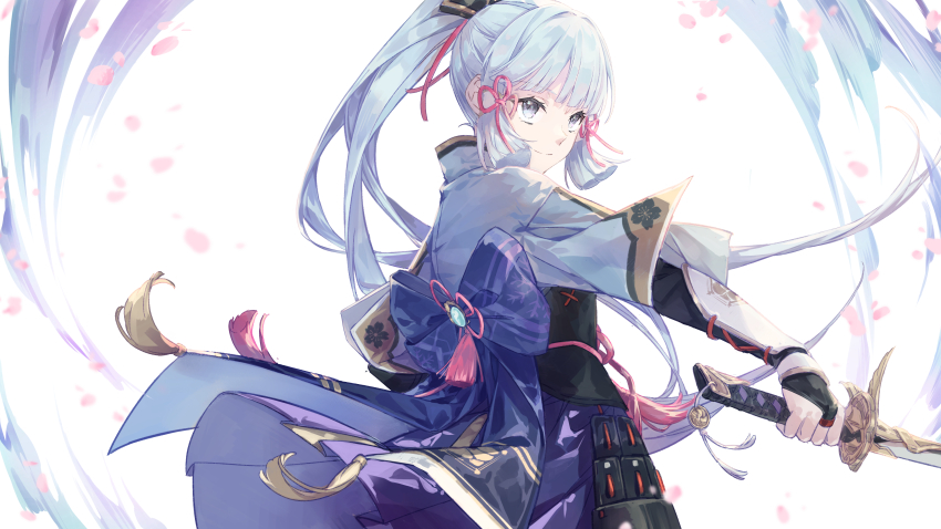 1girl absurdres armor ayaka_(genshin_impact) blunt_bangs bridal_gauntlets cherry_blossoms faulds floating_hair from_side genshin_impact grey_eyes hair_ribbon highres holding holding_sword holding_weapon katana long_hair pink_ribbon pleated_skirt ponytail purple_skirt ribbon skirt solo standing sword very_long_hair weapon white_hair yama_ta_yomogi