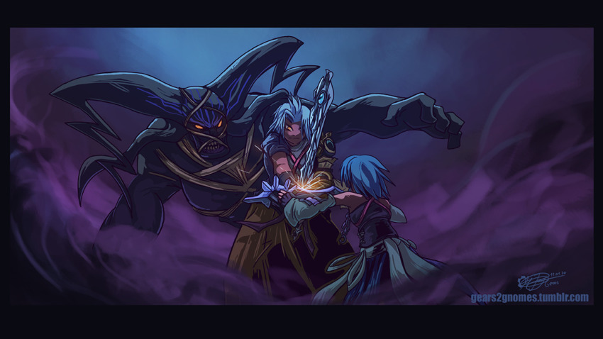 1girl 1other 2boys aqua_(kingdom_hearts) armor artist_name battle blue_hair clash commentary dark_background detached_sleeves english_commentary from_behind gears2gnomes glowing glowing_eyes keyblade kingdom_hearts kingdom_hearts_birth_by_sleep monster multiple_boys possessed serious short_hair smoke sparks spoilers sword_clash terra_(kingdom_hearts) watermark weapon web_address white_hair xehanort yellow_eyes