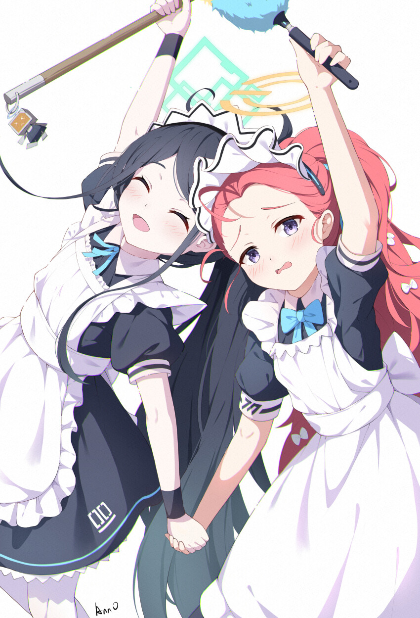 2girls :d ^_^ absurdres anno_(yukikaze_08) apron aqua_halo aris_(blue_archive) aris_(maid)_(blue_archive) artist_name black_dress black_hair blue_archive blue_bow blue_bowtie blush bow bowtie bright_pupils closed_eyes commentary dress duster forehead frilled_apron frills furrowed_brow halo hands_up happy highres holding holding_duster holding_hands holding_mop long_hair looking_at_viewer maid maid_apron maid_headdress mop multiple_girls official_alternate_costume official_alternate_hairstyle open_mouth pantyhose ponytail puffy_short_sleeves puffy_sleeves purple_eyes rectangular_halo red_hair robot short_sleeves simple_background smile standing very_long_hair white_apron white_background white_pantyhose white_pupils wrist_cuffs yellow_halo yuzu_(blue_archive) yuzu_(maid)_(blue_archive)