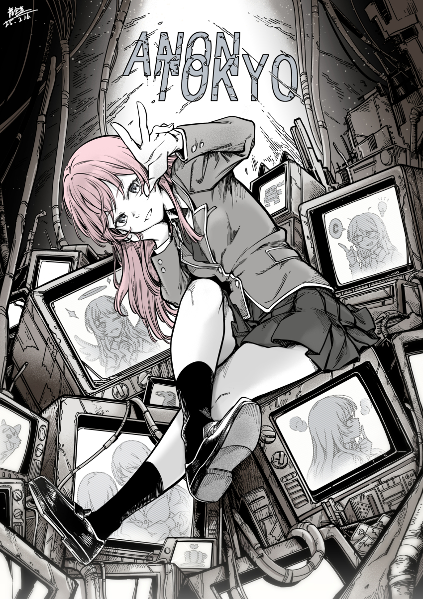 1girl anon_tokyo_(bang_dream!) bang_dream! bang_dream!_it&#039;s_mygo!!!!! black_necktie black_skirt black_socks chihaya_anon chinese_commentary commentary_request feathered_wings finger_to_mouth from_side glasses grey_jacket grey_shoes greyscale grin hair_between_eyes halo haneoka_school_uniform highres holding_hands jacket long_hair looking_at_viewer looking_up monochrome necktie one_eye_closed partially_colored pink_hair pointing pointing_up qingwa_chi_she school_uniform shirt shoes sidelocks skirt smile socks v white_shirt wings