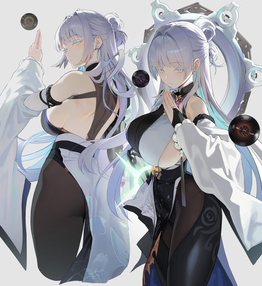 1girl absurdres bare_shoulders black_bridal_gauntlets black_dress black_pantyhose breasts bridal_gauntlets colored_eyelashes commentary dress earrings goddess_of_victory:_nikke grey_background hair_intakes hand_up highres huge_breasts jewelry kuji-in long_hair looking_at_viewer multiple_views myabit nayuta_(nikke) pantyhose shoulder_blades sideboob sidelocks simple_background single_bridal_gauntlet white_eyelashes white_eyes