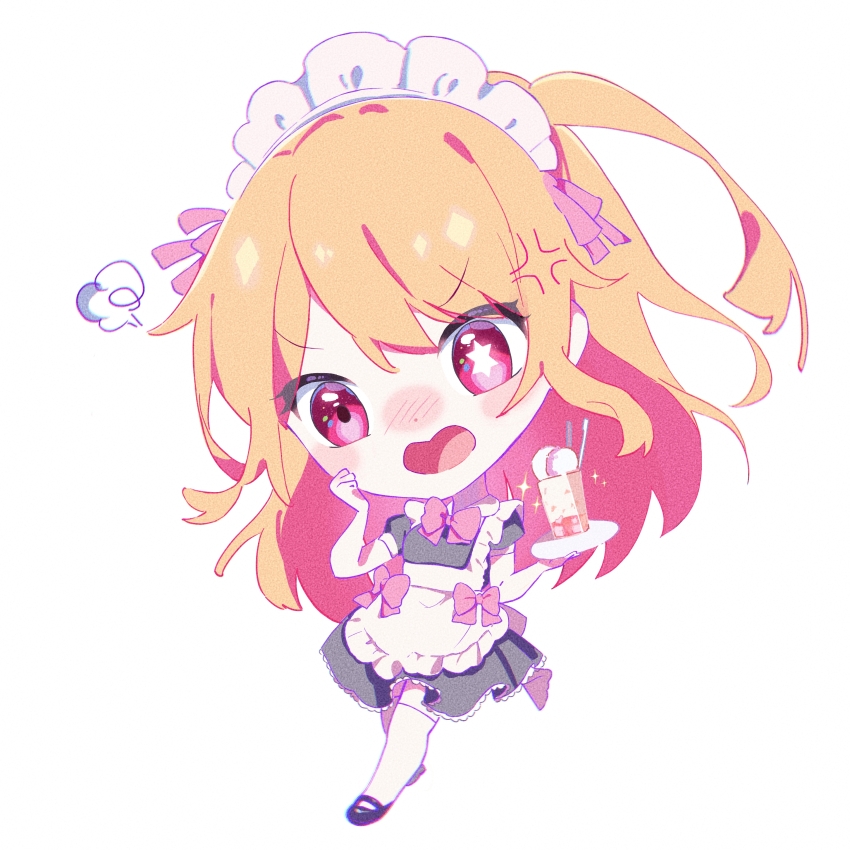 1girl absurdres apron black_dress blonde_hair bow chibi chibi_only commentary_request cup dress frilled_apron frills full_body hand_up highres holding holding_tray hoshino_ruby long_hair maid maid_headdress mismatched_pupils one_side_up open_mouth oshi_no_ko pink_bow pink_eyes puff_of_air puffy_short_sleeves puffy_sleeves short_sleeves simple_background solo star-shaped_pupils star_(symbol) symbol-shaped_pupils thighhighs tray white_apron white_background white_thighhighs yamabukiyuki