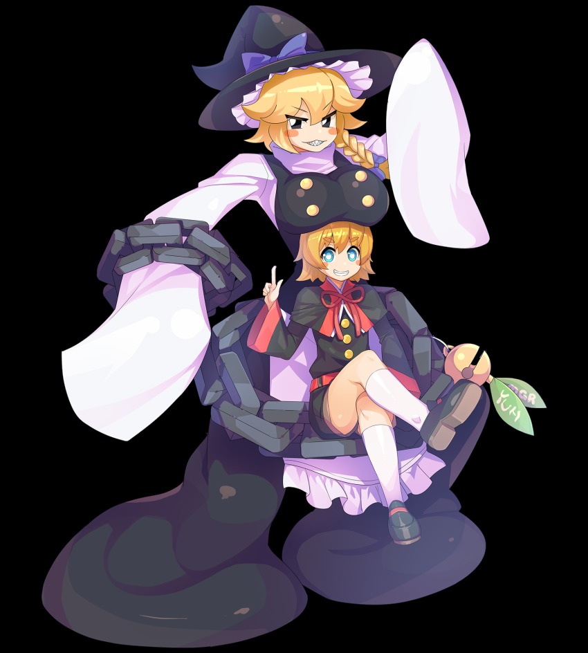 1boy 1girl belt black_eyes black_footwear black_hat black_shorts blonde_hair blue_bow blush_stickers bow braid breast_rest breasts breasts_on_head capelet chain character_name cookie_(touhou) crossed_legs full_body guilty_gear guilty_gear_xrd hair_between_eyes hat hat_bow highres kirisame_marisa kneehighs kum_haehyun kum_jonryoku large_breasts loafers long_sleeves looking_at_viewer meguru_(cookie) neck_ribbon parody pointing pointing_up red_ribbon ribbon sharp_teeth shoes shorts side_braid single_braid sitting sleeves_past_wrists socks tarmo teeth thick_eyebrows touhou transparent_background tsurime white_socks witch_hat yuuh!_(cookie)
