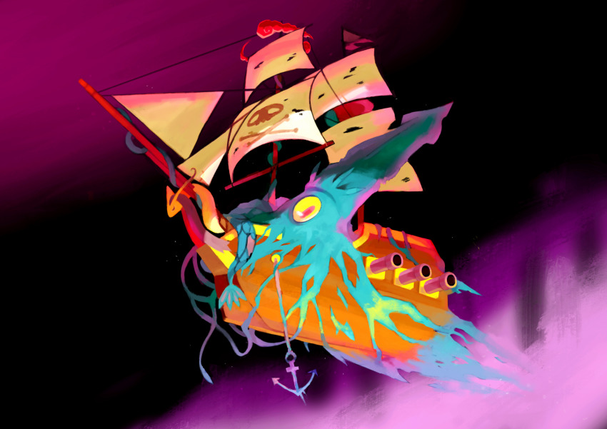 bigglyboof cannon commentary creature dhelmise dynamax english_commentary full_body gen_7_pokemon gigantamax gigantamax_(other) highres looking_at_viewer nintendo no_humans pokemon pokemon_(creature) sail ship skull_and_crossbones watercraft