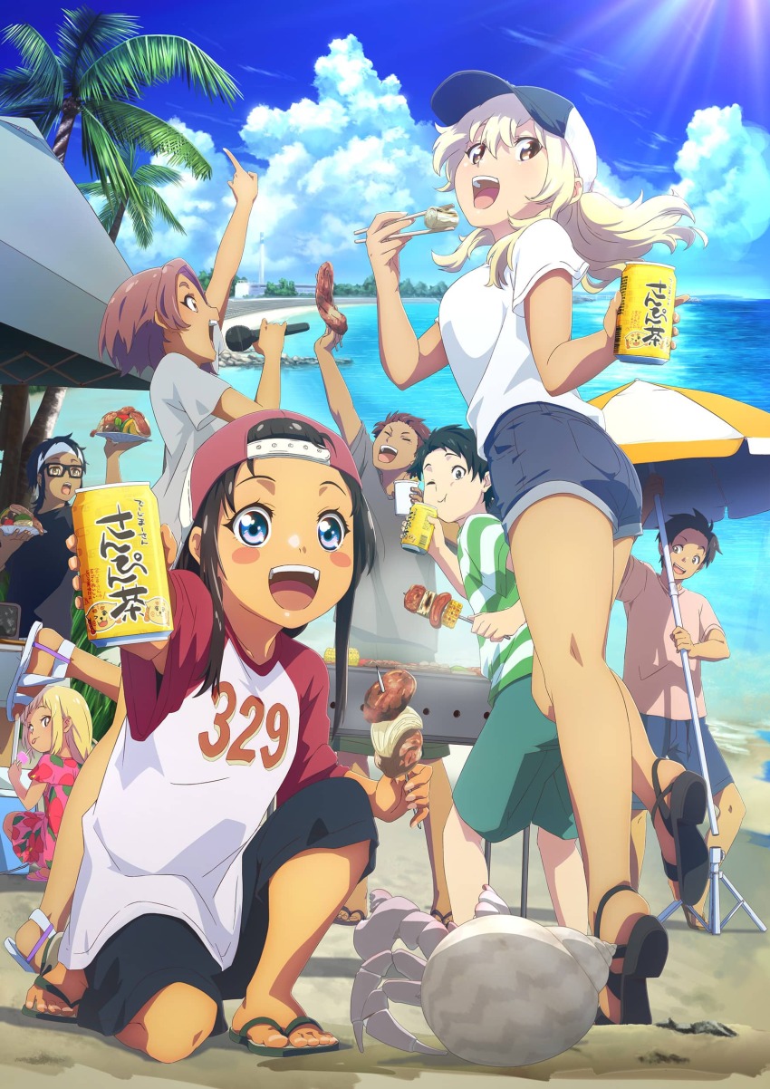 2others 3boys 3girls absurdres agena_yae ass backwards_hat baseball_cap beach beach_umbrella black_hair black_hat black_shorts blonde_hair blue_eyes blue_sky blush_stickers brown_eyes can chopsticks closed_eyes clothes_writing cloud cloudy_sky dark-skinned_female dark_skin denim denim_shorts eating flip-flops hat hermit_crab higa_kana highres holding holding_can holding_chopsticks holding_skewer horizon kyan_hina long_hair multiple_boys multiple_girls multiple_others nakamura_teruaki ocean official_art okinawa_de_suki_ni_natta_ko_ga_hougen_sugite_tsurasugiru on_one_knee one_eye_closed open_mouth palm_tree promotional_art red_hat red_sleeves sandals shell shirt short_hair short_sleeves shorts skewer sky smile standing tan teeth tree two-tone_headwear umbrella upper_teeth_only white_hat white_shirt