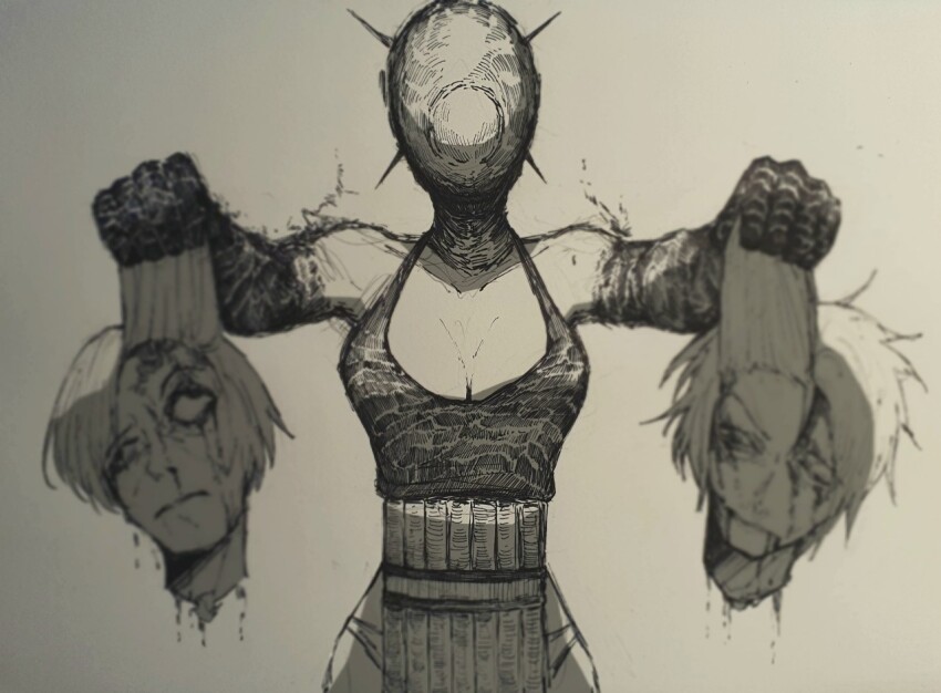 1girl 2boys black_gloves blood blood_on_face bomb_devil_(chainsaw_man) breasts chainsaw_man elbow_gloves epeulu_(ate5424) facing_viewer gloves grey_background greyscale holding_detached_head medium_breasts monochrome multiple_boys nuclear_weapon pelvic_curtain reze_(chainsaw_man) severed_head short_hair simple_background