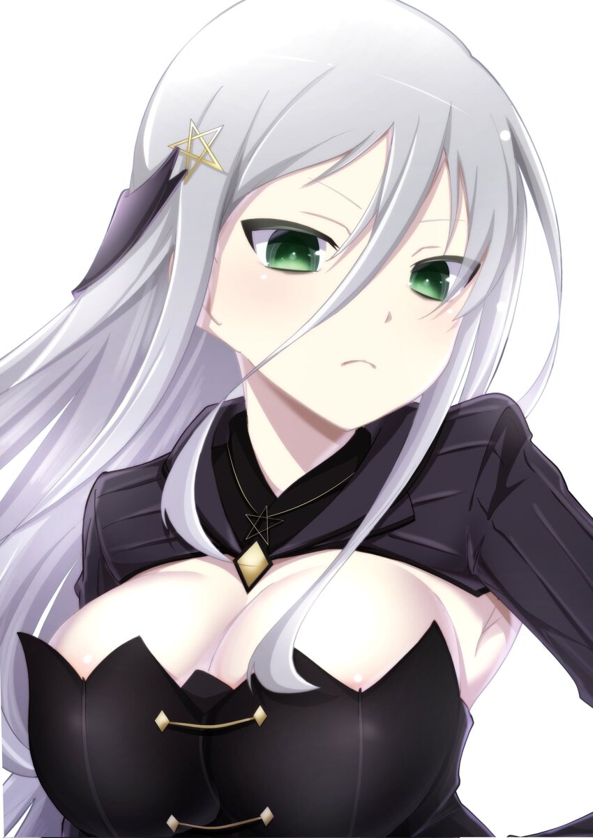 1girl armpits betterthanbone2 black_corset blush body_blush breasts cleavage closed_mouth corset frown gem green_eyes grey_hair hair_between_eyes hair_ornament highres large_breasts long_hair looking_at_viewer pentagram pentagram_hair_ornament senkou_(senran_kagura) senran_kagura senran_kagura_new_link shiny_skin sidelocks simple_background solo tsurime upper_body white_background yellow_gemstone