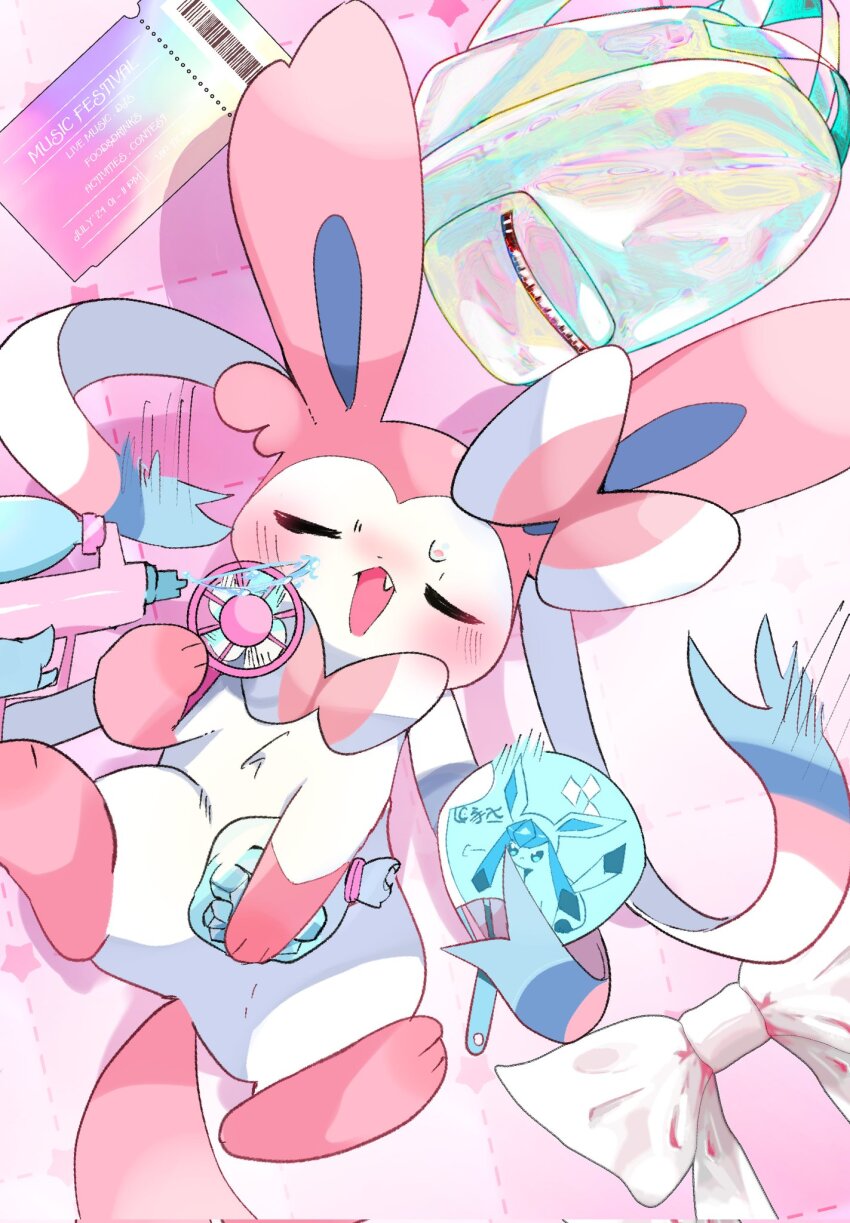 backpack bag blush bow closed_eyes fang game_freak gen_4_pokemon gen_6_pokemon glaceon highres holding ice_pack lying nintendo on_back open_mouth pink_hair pink_theme piyo_(toripoke710) pokemon pokemon_(creature) ribbon sweat sylveon ticket water water_gun