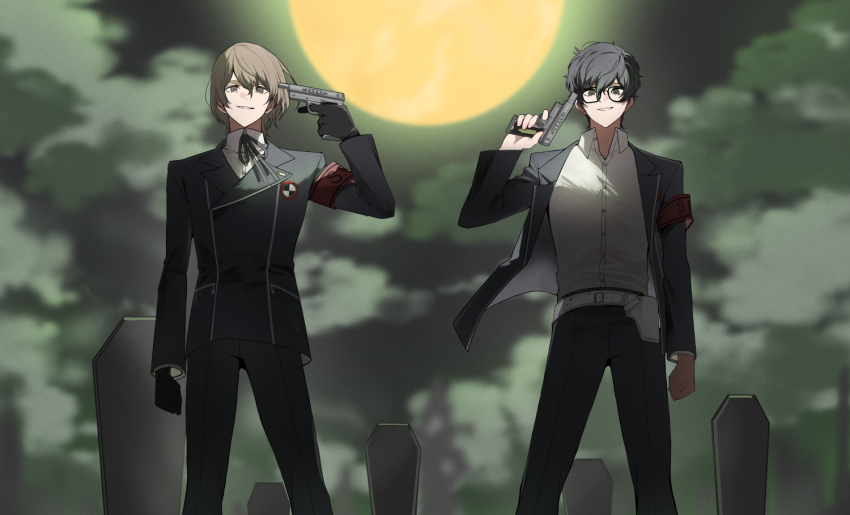 2boys akechi_gorou amamiya_ren arm_at_side armband black-framed_eyewear black_gloves black_hair black_jacket black_pants blurry blurry_background brown_eyes brown_hair cloud cloudy_sky coffin commentary_request dress_shirt evoker full_moon gekkoukan_high_school_uniform glasses gloves green_ribbon green_sky grey_eyes gun gun_to_head hair_between_eyes holding holding_gun holding_weapon jacket long_sleeves looking_at_viewer male_focus moon multiple_boys open_clothes open_jacket outdoors pants parted_lips persona persona_3 persona_5 red_armband ribbon s.e.e.s school_uniform shirt short_hair sky smile standing talliuma weapon white_shirt