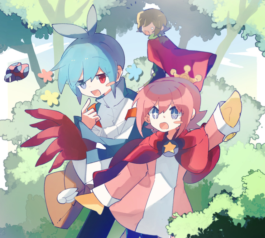 32rhodium62 3boys arm_at_side arm_up blue_hair blush_stickers bush cape coat day foliage highres index_finger_raised long_sleeves male_focus mittens multicolored_coat multiple_boys ocean_prince open_mouth otomo_(puyopuyo) outdoors pink_coat pink_hair puyopuyo puyopuyo_fever_2 puyopuyo_quest red_cape salde_canarl_shellbrick_iii sig_(puyopuyo) single_blush_sticker split_mouth standing two-tone_coat white_coat yellow_mittens