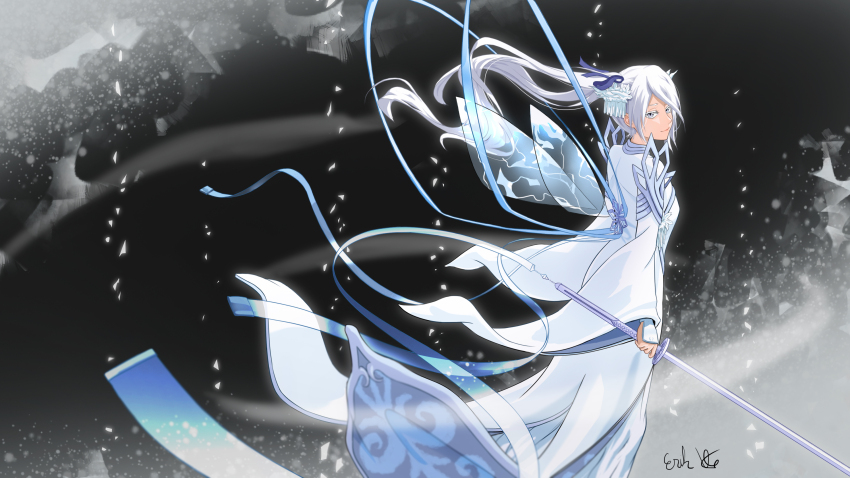 1girl absurdres aged_up arms_at_sides bankai black_background bleach bleach:_epilogue bleach:_sennen_kessen-hen blue_ribbon closed_mouth colored_eyelashes commentary dress english_commentary erikvarts feet_out_of_frame floating_clothes floating_hair from_behind grey_eyes hair_ornament hair_ribbon hakka_no_togame_(bankai) highres holding holding_sword holding_weapon ice ice_wings kanzashi katana kuchiki_rukia long_dress long_hair long_ribbon long_sleeves looking_at_viewer looking_back official_alternate_costume purple_ribbon ribbon side_ponytail signature simple_background smile solo standing sword weapon white_dress white_hair wide_sleeves wings