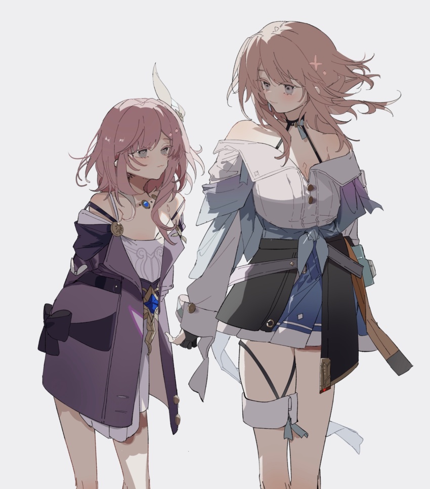 2girls blue_eyes blue_skirt breasts camera coat cyrene_(honkai:_star_rail) dress hair_ornament highres honkai:_star_rail honkai_(series) looking_at_another march_7th_(honkai:_star_rail) march_7th_(preservation)_(honkai:_star_rail) medium_breasts medium_hair multiple_girls note_nii pink_hair purple_coat shirt simple_background skirt small_breasts thigh_strap white_background white_dress white_shirt