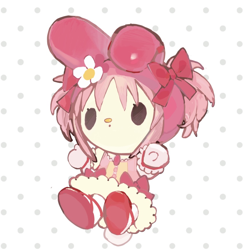 1girl :o absurdres animal_ears ankle_ribbon bow brown_eyes buttons chest_jewel chibi chibikemo cosplay detached_hood dress ear_covers eyelashes floppy_ears flower frilled_dress frilled_gloves frilled_sleeves frills gloves hair_through_hood hat hat_bow hat_flower highres hood hood_up kaname_madoka kaname_madoka_(cosplay) kaname_madoka_(magical_girl) leg_ribbon looking_ahead magical_girl mahou_shoujo_madoka_magica mahou_shoujo_madoka_magica_(anime) miniskirt my_melody onegai_my_melody pantyhose parted_lips petticoat pink_dress pink_gemstone pink_hair pink_hood polka_dot polka_dot_background puffy_short_sleeves puffy_sleeves qinghejunzi rabbit_ears red_bow red_ribbon red_shoes ribbon sanrio shoes short_dress short_hair short_sleeves short_twintails simple_background skirt skirt_under_dress solid_oval_eyes solo twintails waist_bow white_background white_flower white_gloves white_pantyhose white_skirt white_sleeves