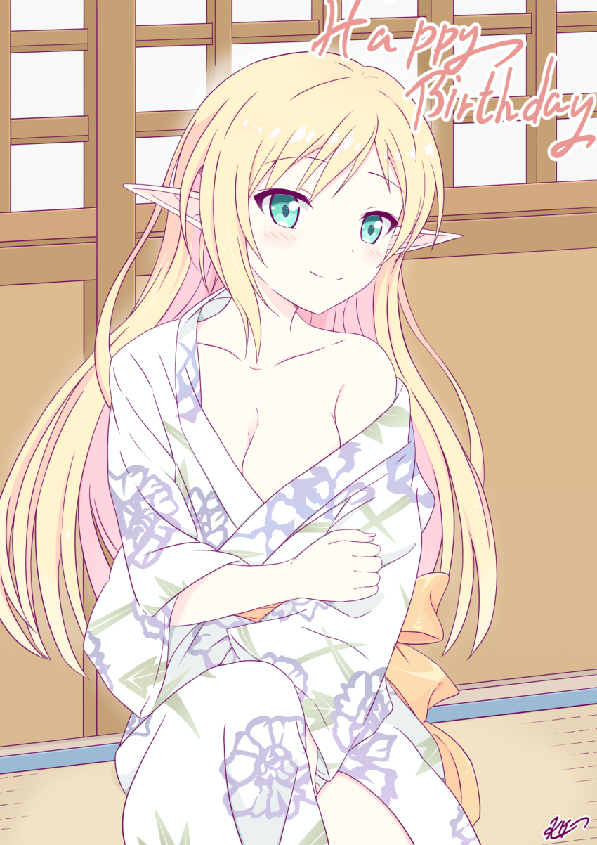 1girl blonde_hair breasts elf green_eyes happy_birthday highres iris_mysteria! japanese_clothes k_(nura-rikuo) kimono long_hair medium_breasts open_clothes pointy_ears shouji sitting sliding_doors smile tatami tissesaare_stuka_machulfka undressing yukata
