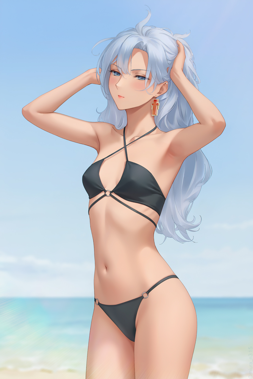 1girl a_(xenoblade) arms_up beach bikini black_bikini blue_eyes breasts collarbone core_crystal_(xenoblade) grey_hair highres horizon long_hair looking_at_viewer miura-n315 navel o-ring o-ring_bikini outdoors small_breasts solo standing swimsuit white_hair xenoblade_chronicles_(series) xenoblade_chronicles_3 xenoblade_chronicles_3:_future_redeemed