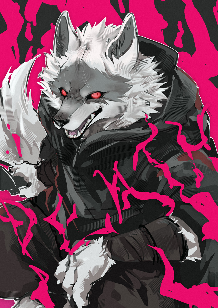 1boy animal_ears ao_gravity black_pants black_sclera cloak colored_sclera commentary_request death_(puss_in_boots) fangs furry furry_male highres hood hood_down hooded_cloak looking_at_viewer male_focus open_mouth pants puss_in_boots:_the_last_wish red_eyes shrek_(series) tail whiskers wolf_boy wolf_ears wolf_tail