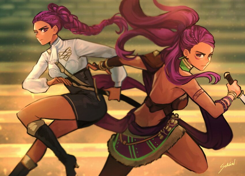 1girl absurdres back braid braided_ponytail breasts dagger dark-skinned_female dark_skin dual_persona earrings fire_emblem fire_emblem:_three_houses garreg_mach_monastery_uniform highres holding holding_dagger holding_knife holding_weapon jewelry knife long_hair looking_at_viewer medium_breasts nintendo petra_macneary petra_macneary_(timeskip) ponytail purple_eyes purple_hair purple_skirt sethkiel skirt solo weapon