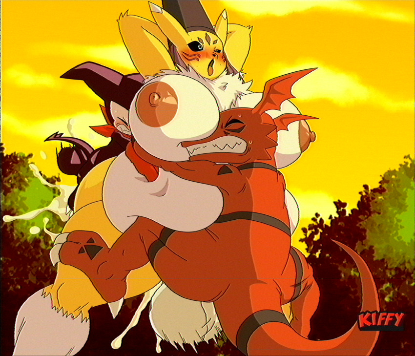 absurdres cum cum_in_ass cum_in_pussy digimon digimon_(creature) digimon_tamers double_penetration furry guilmon hat highres impmon onmyouji sex sharp_teeth tail taomon teeth wings yin_yang