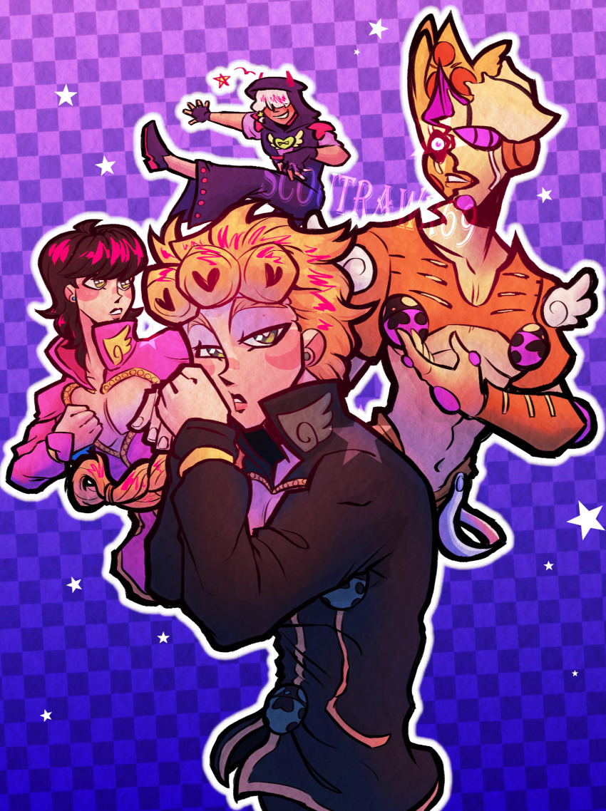 1other 3boys bell-bottoms black_gloves black_hair black_jacket black_pants blonde_hair braid bug checkered_background cleavage_cutout clothing_cutout commentary compound_eyes english_commentary fingerless_gloves giorno_giovanna giorno_giovanna&#039;s_pose_(jojo) gloves gold_experience gold_experience_requiem green_eyes grey_sleeves hair_ornament hair_over_eyes haruno_shiobana heart_ornament highres insect jacket jodio_joestar jojo_no_kimyou_na_bouken jojo_pose kicking ladybug ladybug_ornament male_focus multiple_boys outline pants pink_jacket purple_eyes scoutroaring single_braid stand_(jojo) star_(symbol) star_hair_ornament the_jojolands transformation upper_body vento_aureo white_hair white_outline wing_ornament