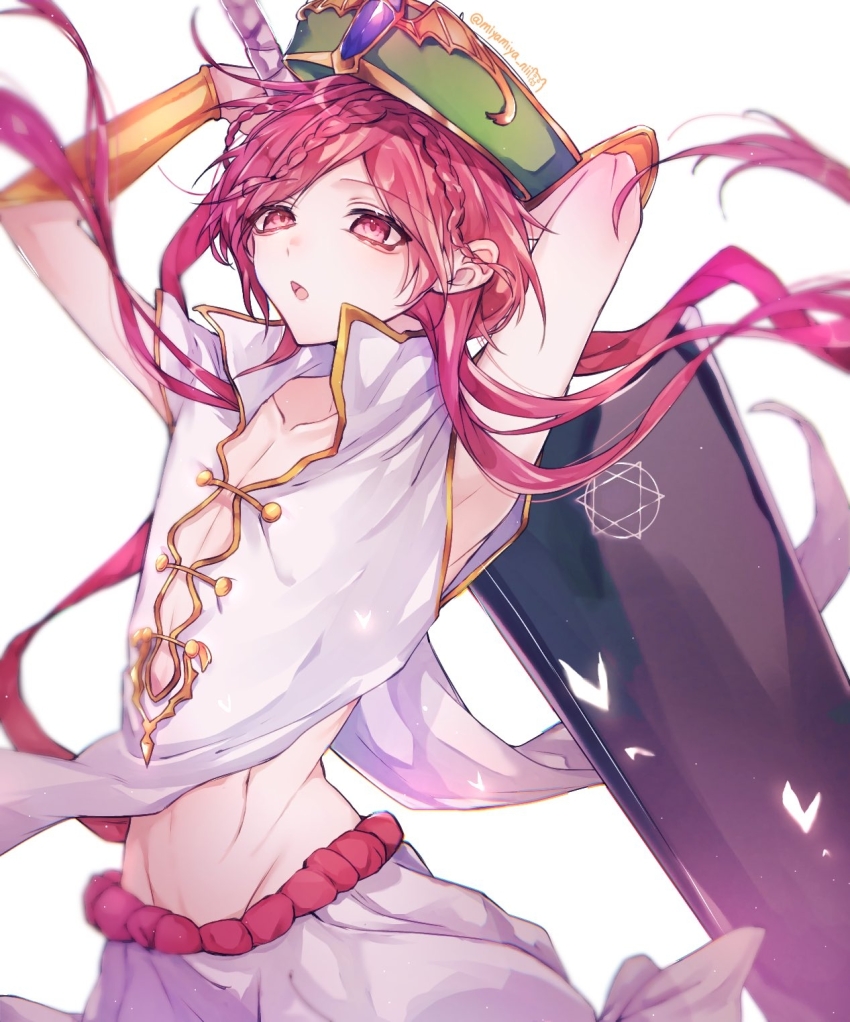 1boy :o arms_up bracer braid chinese_clothes chinese_hat hat highres holding holding_sword holding_weapon huge_weapon long_hair magi_the_labyrinth_of_magic male_focus midriff_peek miyamiya_nii miyamiya_nii occult pink_eyes pink_hair ren_kouha shirt simple_background sleeveless sleeveless_shirt solo sword trap weapon white_background white_shirt