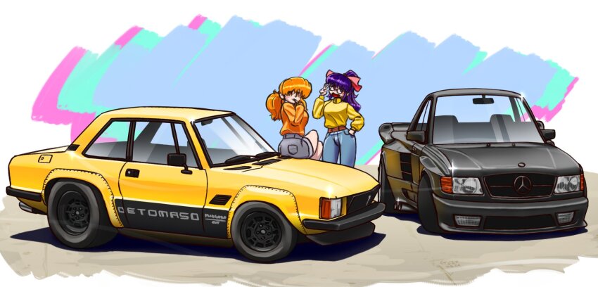 2girls ass belt black_car blue_pants breasts brown_belt car de_tomaso_longchamp denim grey_shorts hair_ribbon highres jeans looking_at_viewer low_twintails medium_breasts mercedes-benz mercedes-benz_500sec motor_vehicle multiple_girls on_car onlyarandomuser orange_eyes orange_hair original pants pink_ribbon ponytail purple_eyes purple_hair ribbon shorts sitting smile sports_car sweater twintails vehicle_focus yellow_car yellow_sweater