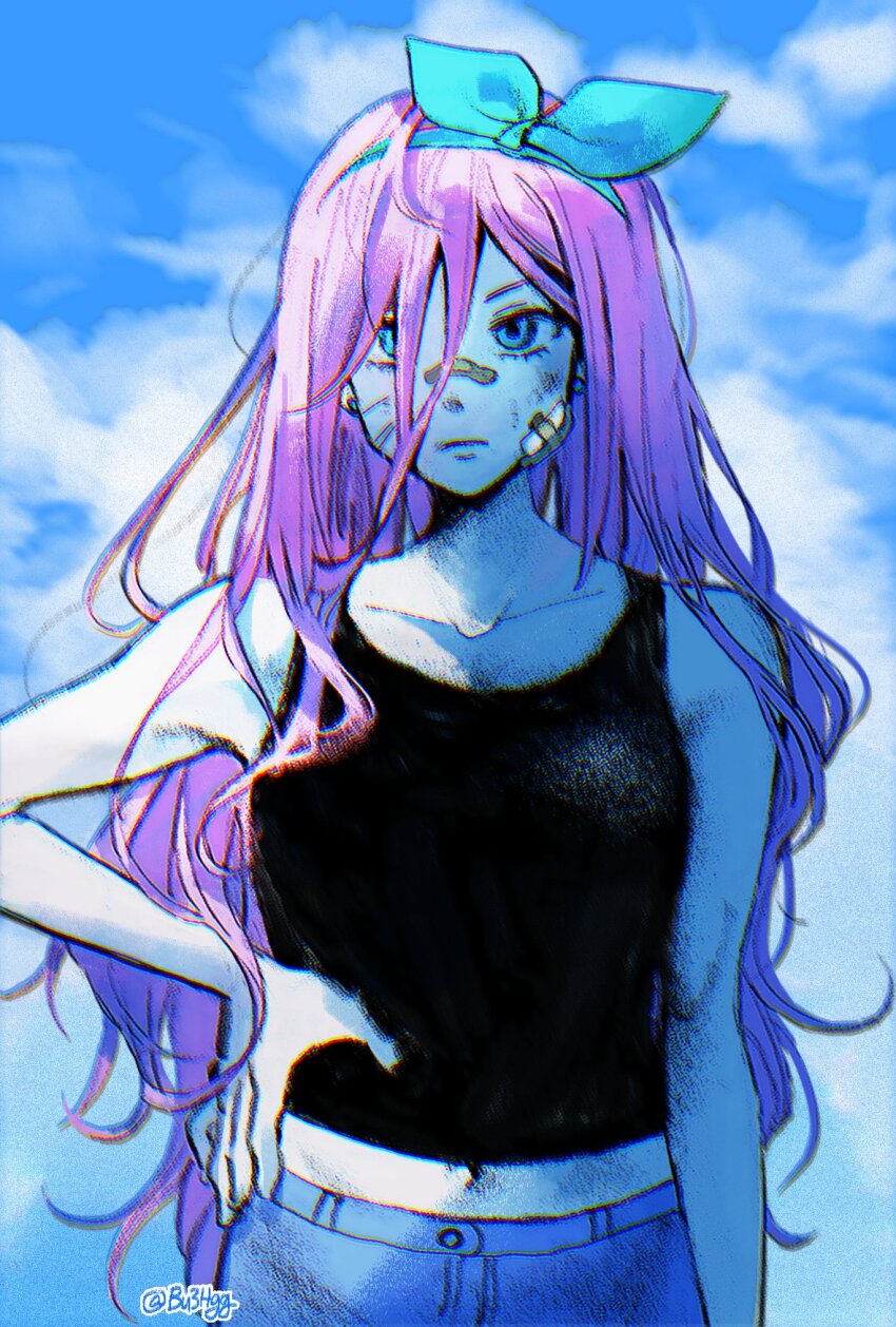1girl aubrey_(faraway)_(omori) aubrey_(omori) bandaid bandaid_on_face bandaid_on_nose black_tank_top blue_eyes blue_hairband blue_skirt breasts bu3hgg closed_mouth collarbone denim denim_skirt hair_between_eyes hairband hand_on_own_hip highres long_hair looking_at_viewer navel omori pink_hair skirt small_breasts solo tank_top twitter_username upper_body