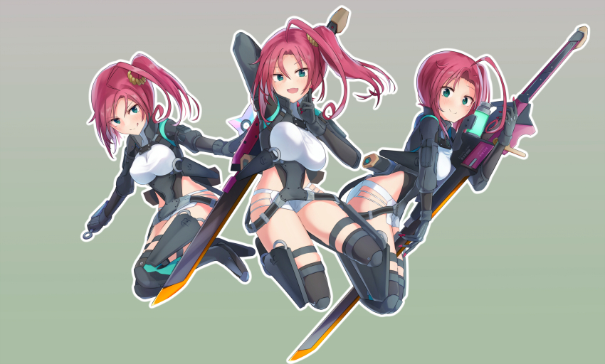 1girl :d ahoge alice_gear_aegis arm_up black_gloves black_leotard blush boots breasts closed_mouth covered_navel floating_hair gloves green_eyes grey_background high_heels highleg highleg_leotard highres holding holding_sword holding_weapon kaeruzaka_raiya large_breasts leotard long_hair looking_at_viewer medium_breasts multiple_views open_mouth outline pink_hair red_hair siblings side_ponytail smile solo sword thigh_boots thigh_strap thighhighs tooto_(ryuto333) weapon