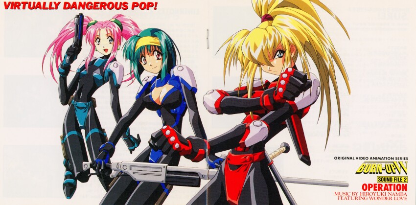 absurdres blonde_hair blue_eyes bodysuit breasts burn-up burn-up_w cleavage green_hair gun highres jinguu_maya kinezono_rio lilica_evett medium_breasts pink_hair small_breasts tonfa weapon yamashita_toshinari