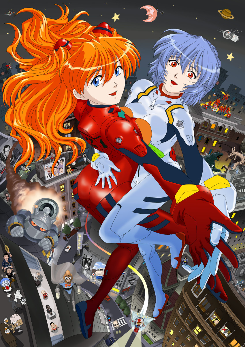 1960s_(style) 1990s_(style) 6+boys 6+girls absurdres aircraft airplane apollo_11 apollo_program apple2e ass ass_grab ayanami_rei baseball batman batman_(series) billboard blue_eyes blue_hair bodysuit breast_press breasts bruce_wayne building cape car city clint_eastwood conjoined crescent_moon crossover cyborg_009 dc_comics doraemon doraemon_(character) eightman epic floating flying from_above fuguta_sazae gegege_no_kitarou godzilla godzilla_(series) happy highres holding_hands hug interface_headset_(evangelion) interlocked_fingers james_tiberius_kirk jerry_(tom_and_jerry) kanegon_(ultra_series) king_ghidorah kitarou long_hair looking_at_viewer looking_back mach_5 mach_go_go_go mahou_tsukai_sally malcolm_x maxwell_smart mecha mecha_pilot_suit medium_breasts midair monster moomin moomintroll moon motor_vehicle multiple_boys multiple_crossover multiple_girls national_kid national_kid_(series) neon_genesis_evangelion night obake_no_q-tarou oldschool open_mouth orange_hair ougon_bat ougon_bat_(character) pink_panther pink_panther_(character) planet plugsuit_(evangelion) q-tarou real_life rebuild_of_evangelion red_bodysuit red_eyes retro_artstyle road robot rooftop saturn_(planet) sazae-san short_hair shueisha skin_tight sky smile souryuu_asuka_langley soviet spacecraft spock star_(sky) star_(symbol) star_trek starry_sky street symmetrical_docking tama_(sazae-san) tetsujin_28 tetsujin_28-gou the_beatles the_pink_panther the_pink_panther_(character) tiger_mask tiger_mask_(series) toei_animation toho tom tom_(tom_and_jerry) tom_and_jerry ultra_q ultra_series ultraman ultraman_(1st_series) vostok witch yumeno_sally yuri yuri_gagarin zero-sen_hayato