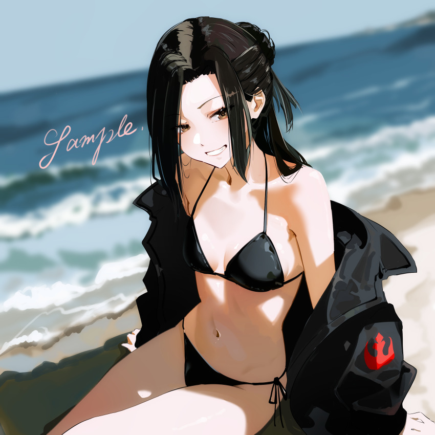 1girl absurdres bikini black_bikini black_hair blurry breasts commission cowboy_shot depth_of_field grin hair_bun highres jacket looking_at_viewer navel open_clothes open_jacket original red_eyes side-tie_bikini_bottom single_hair_bun skeb_commission small_breasts smile solo swimsuit yoojp