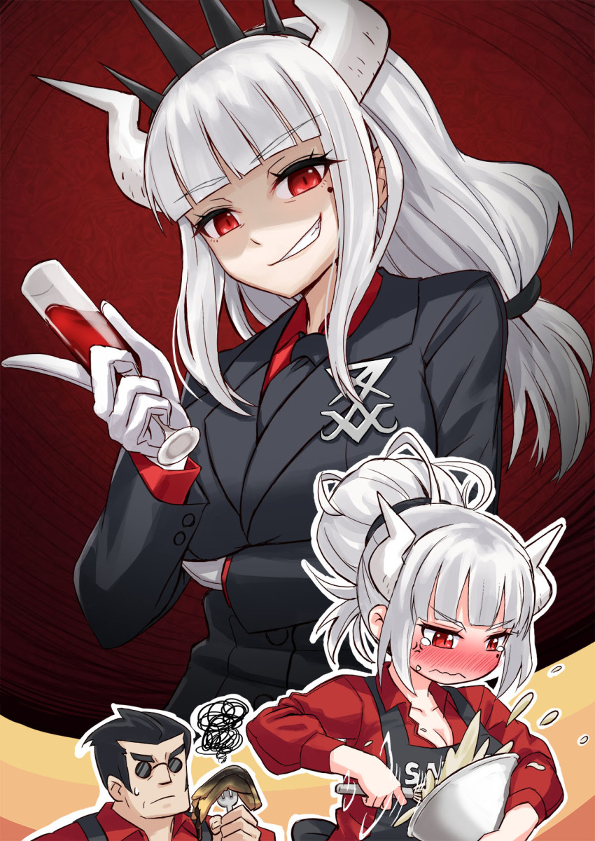 &gt;:( 1boy 1girl alcohol anger_vein apron batter black_hairband black_jacket black_neckwear blazer blunt_bangs blush breasts buttons champagne_flute cleavage collarbone commentary crepe cuff_links cup demon_girl demon_horns dress_shirt drinking_glass english_commentary food fork glasses gloves grey_theme grin hairband helltaker helltaker_(character) highres holding holding_fork horns jacket lapel_pin lapels large_breasts long_sleeves looking_at_viewer looking_away looking_down lucifer_(helltaker) mole mole_under_eye necktie no_nose outline pince-nez puffy_long_sleeves puffy_sleeves red_eyes red_shirt shaded_face shirt silent_sakia slit_pupils smile spiked_hairband spikes squiggle sweatdrop tearing_up tinted_eyewear upper_body v-shaped_eyebrows wavy_mouth whisk white_gloves wine