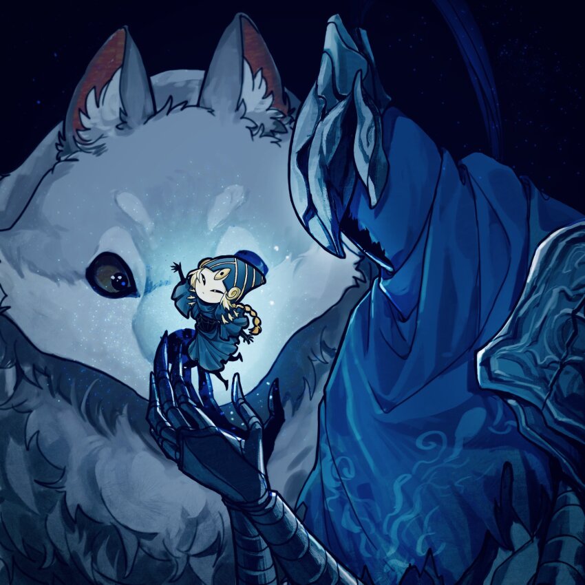 1boy 1girl armor artorias_the_abysswalker blonde_hair blue_cape blue_robe braid braided_ponytail cape carrying carrying_person commentary dark_background dark_souls_(series) dark_souls_i full_armor full_body great_grey_wolf_sif hand_up highres light_particles long_hair looking_at_another lord&#039;s_blade_ciaran mask robe symbol-only_commentary tworain_w upper_body wolf