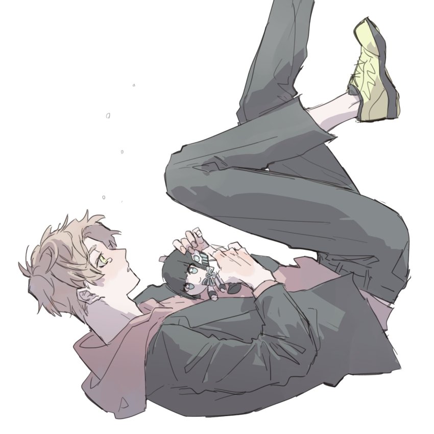 1boy bbbb_fex black_footwear black_hair black_pants blue_eyes brown_hair crying crying_with_eyes_open eyebrows falling from_side green_eyes green_footwear headphones hiden_aruto highres holding hood hoodie humagear_headphones is_(kamen_rider_01) jacket kamen_rider kamen_rider_01_(series) male_focus muted_color pants red_hoodie shoes smile sneakers spoilers stuffed_toy tears white_jacket