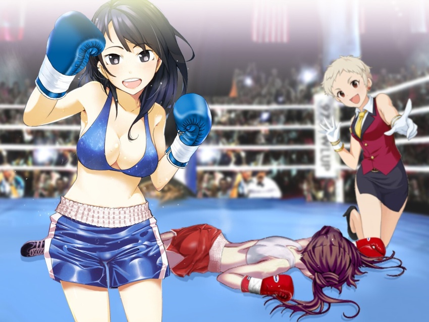 3girls artist_request boxing boxing_gloves boxing_ring catfight defeat multiple_girls smile tagme unconscious