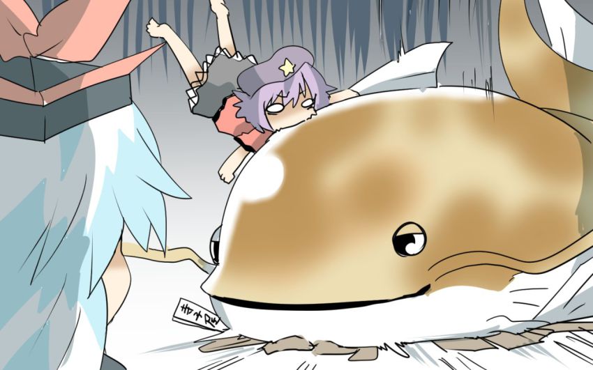 2girls biting black_eyes blue_hair catfish fish hat kamishirasawa_keine long_hair miyako_yoshika mouth_hold multiple_girls namazu_(touhou) o_o rebecca_(keinelove) short_hair smile touhou