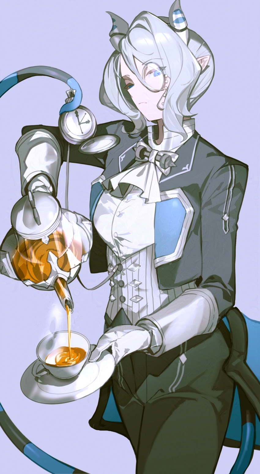 1girl arias_the_labrynth_butler black_jacket black_pants blue_eyes blue_wings butler cowboy_shot cup demon_girl demon_horns demon_tail demon_wings duel_monster female_butler grey_hair highres holding holding_plate holding_with_tail horns jacket low_wings pants plate pointy_ears prehensile_tail sen-jou short_hair simple_background solo tail teacup wings yu-gi-oh!