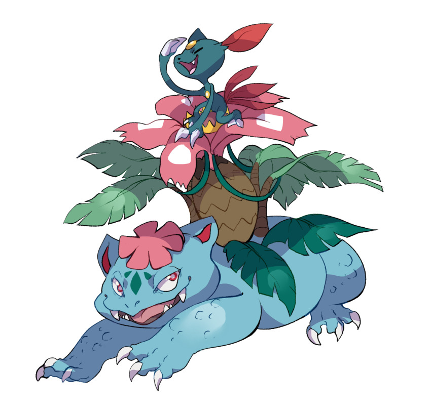 animal_focus arm_up bright_pupils claws commission fang fangs full_body game_freak gen_1_pokemon gen_2_pokemon highres mega_pokemon mega_venusaur nintendo no_humans nostrils open_mouth pokemon pokemon_(creature) red_eyes sieepybear simple_background sneasel transparent_background venusaur white_pupils