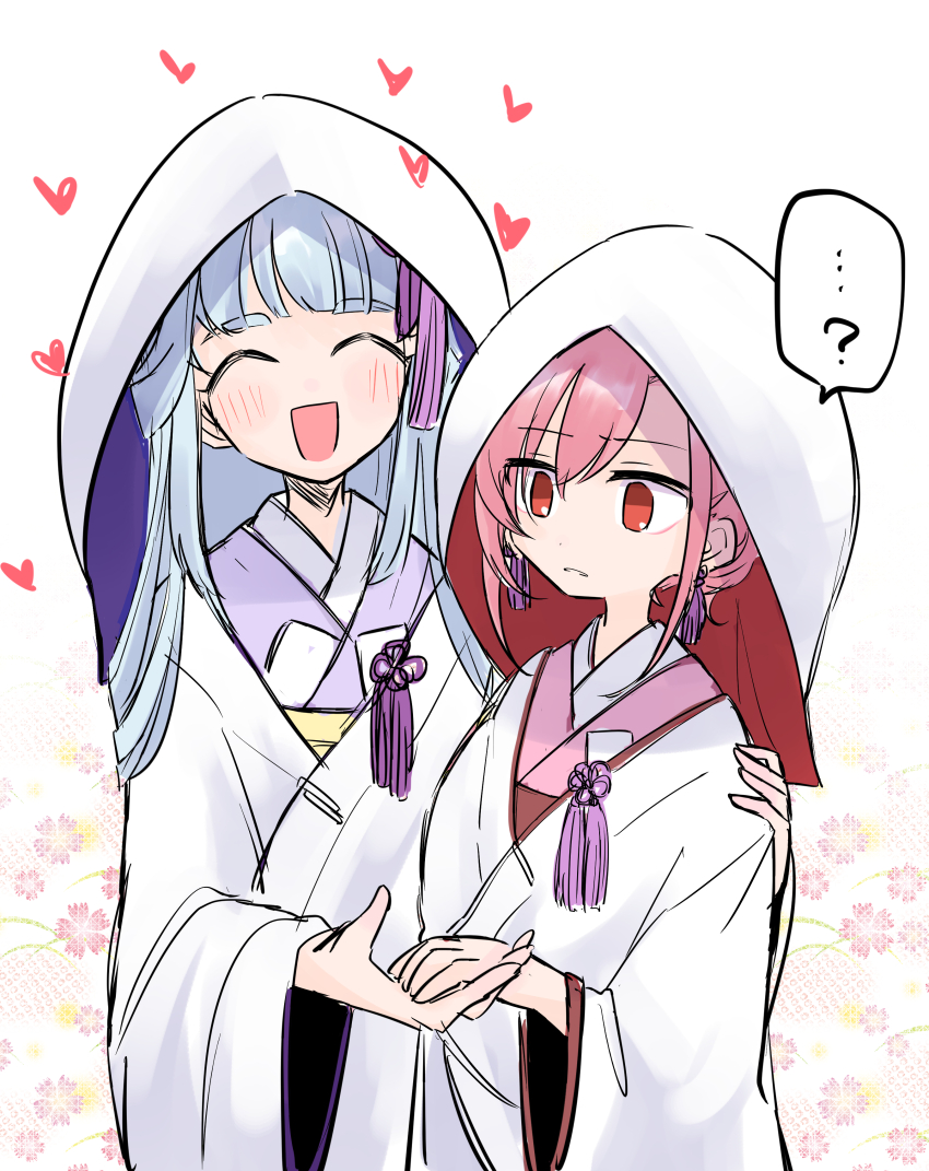 ... ...? 2girls ? ^_^ absurdres asymmetrical_bangs blue_hair blue_hood blunt_bangs chizuru_(madoka_magica) closed_eyes confused cowboy_shot detached_hood dot_nose earrings female_focus floral_background flower_knot hair_ornament hair_ribbon hand_on_another&#039;s_shoulder happy heart highres holding_hands hood hood_up japanese_clothes jewelry kimono layered_kimono light_blush light_frown long_hair long_sleeves magia_record:_mahou_shoujo_madoka_magica_gaiden mahou_shoujo_madoka_magica mizuna_tsuyu multiple_girls open_mouth parted_lips pink_hair pink_kimono purple_kimono purple_ribbon red_eyes red_hood ribbon shiromuku short_hair sidelocks smile spoken_ellipsis spoken_question_mark standing straight_hair tassel tassel_earrings tassel_hair_ornament two-sided_hood uchikake ultimate_magnum wataboushi wedding white_background white_hood white_kimono wide_sleeves wife_and_wife yuri