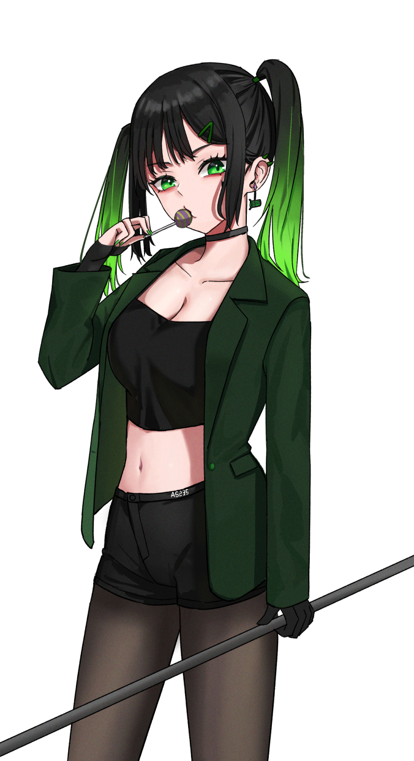 1girl a5235 alternate_costume artist_name black_choker black_hair black_shirt black_shorts blazer breasts brown_pantyhose choker cleavage crop_top death_hammer_chouloky ear_piercing earrings gradient_hair green_eyes green_hair green_jacket green_nails hair_ornament hairclip highres holding holding_weapon jacket jewelry long_hair long_sleeves looking_at_viewer medium_breasts multicolored_hair navel open_clothes open_jacket pantyhose pantyhose_under_shorts piercing shirt short_shorts shorts simple_background sleeves_past_wrists solo stomach teardrop_facial_mark twintails virtual_youtuber waktaverse weapon white_background