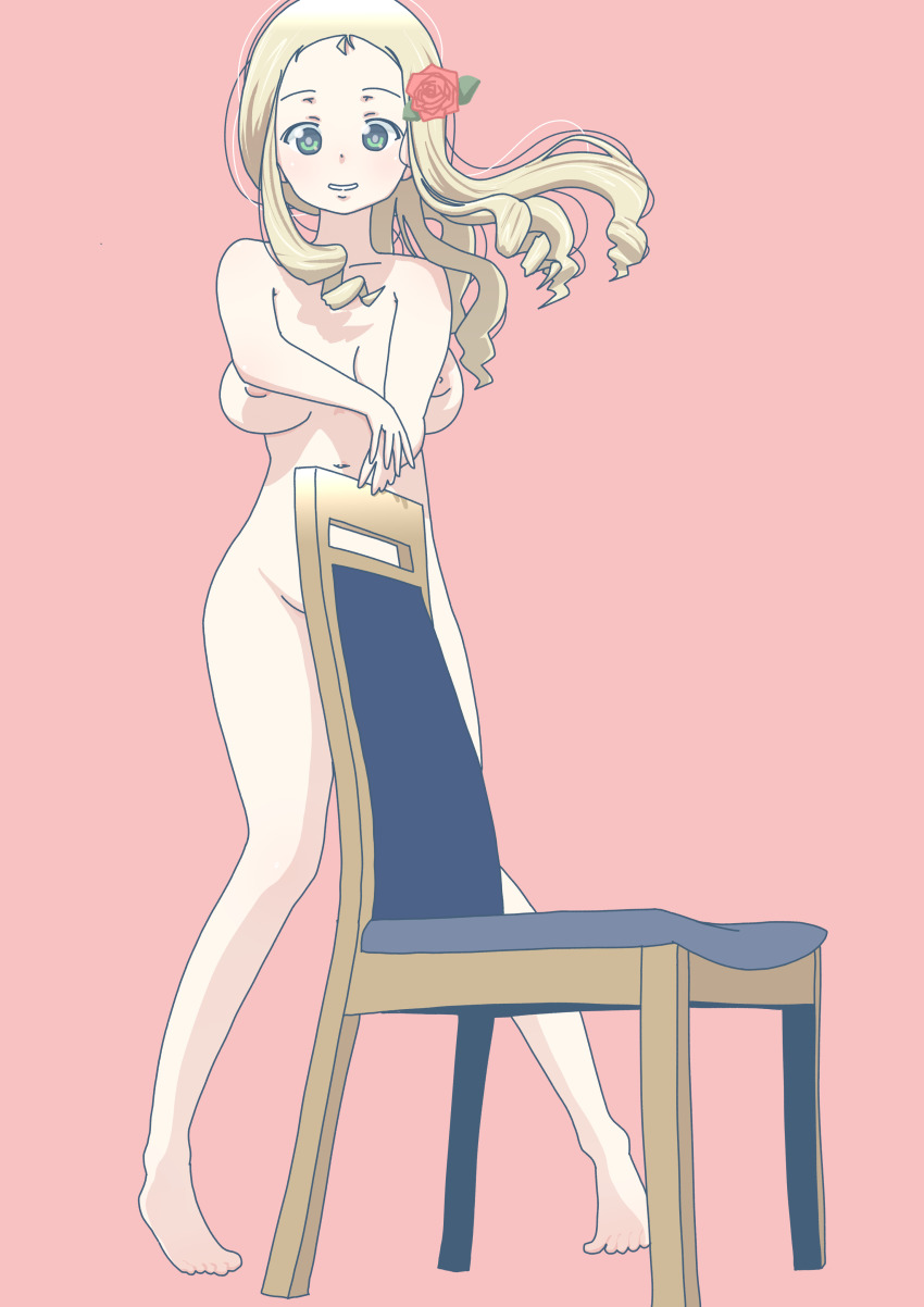 1girl absurdres blonde_hair blush breasts chair chair_censor collarbone completely_nude convenient_censoring drill_hair female_focus flower full_body girls_und_panzer green_eyes groin hair_flower hair_ornament highres large_breasts long_hair looking_at_viewer marie_(girls_und_panzer) navel nipples nude pero_(gessoyo) pink_background rose simple_background smile solo standing