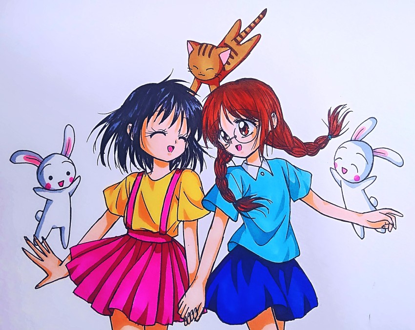 2girls blouse blue_shirt blue_skirt braid chibi_maruko-chan cowboy_shot ending_song highres holding_another&#039;s_wrist honami_tamae multiple_girls nekomiya_byouhana rabbit sakura_momoko shirt skirt white_background yuri