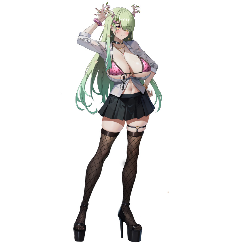 1girl absurdres antlers arm_up black_choker black_skirt blush bra brayan_aguilar breasts ceres_fauna choker closed_mouth commentary commission english_commentary eyes_visible_through_hair fingernails full_body green_hair hair_branch hair_over_one_eye heart heart_choker heart_o-ring highres hololive hololive_english horns huge_breasts long_hair looking_at_viewer mole mole_under_eye nail_polish o-ring o-ring_choker one_eye_covered pink_bra pink_nails pink_scrunchie pleated_skirt scrunchie simple_background skirt smile solo tree_horns underwear virtual_youtuber white_background wrist_scrunchie yellow_eyes